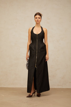 Aurohaya Adrienne black denim front-slit contrast-stitching maxi dress
