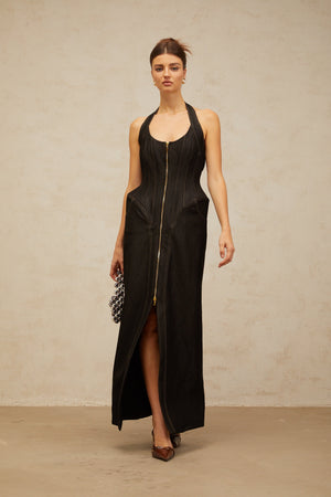 Aurohaya Adrienne black denim front-slit contrast-stitching maxi dress