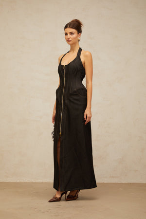 Aurohaya Adrienne black denim front-slit contrast-stitching maxi dress