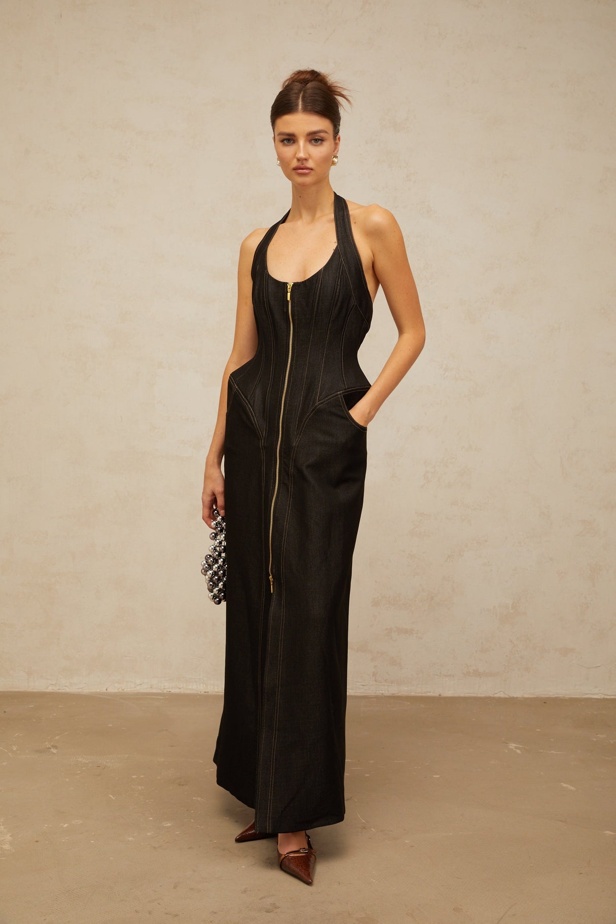 Aurohaya Adrienne black denim front-slit contrast-stitching maxi dress