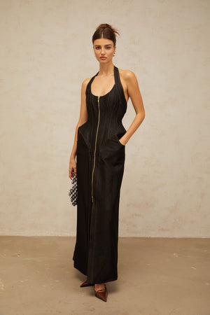 Aurohaya Adrienne black denim front-slit contrast-stitching maxi dress