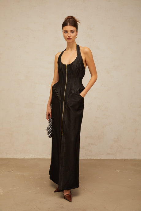 Aurohaya Adrienne black denim front-slit contrast-stitching maxi dress