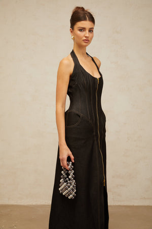 Aurohaya Adrienne black denim front-slit contrast-stitching maxi dress