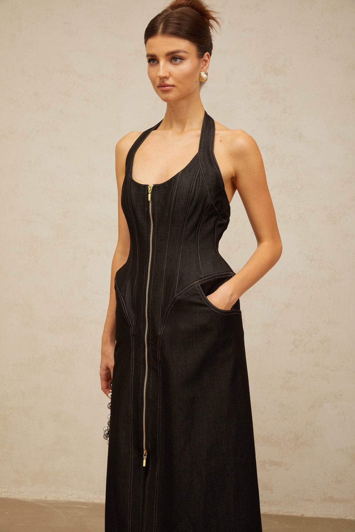 Aurohaya Adrienne black denim front-slit contrast-stitching maxi dress