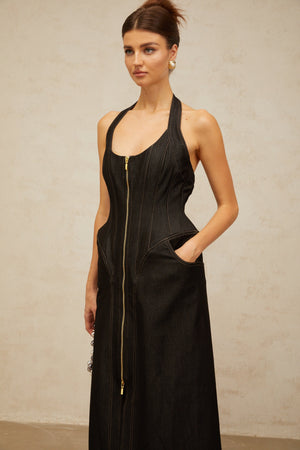 Aurohaya Adrienne black denim front-slit contrast-stitching maxi dress