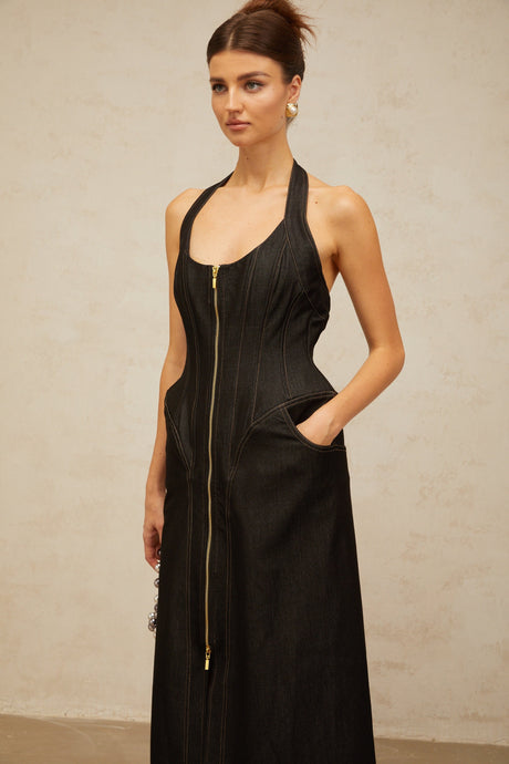 Aurohaya Adrienne black denim front-slit contrast-stitching maxi dress