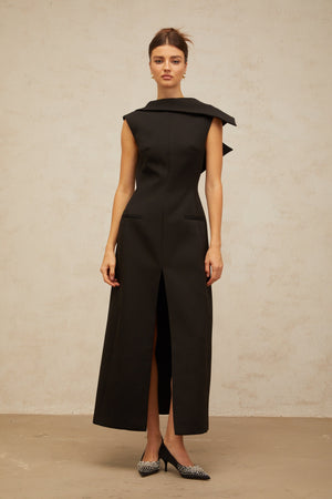 Aurohaya Léonore black deconstructed open-back midi dress