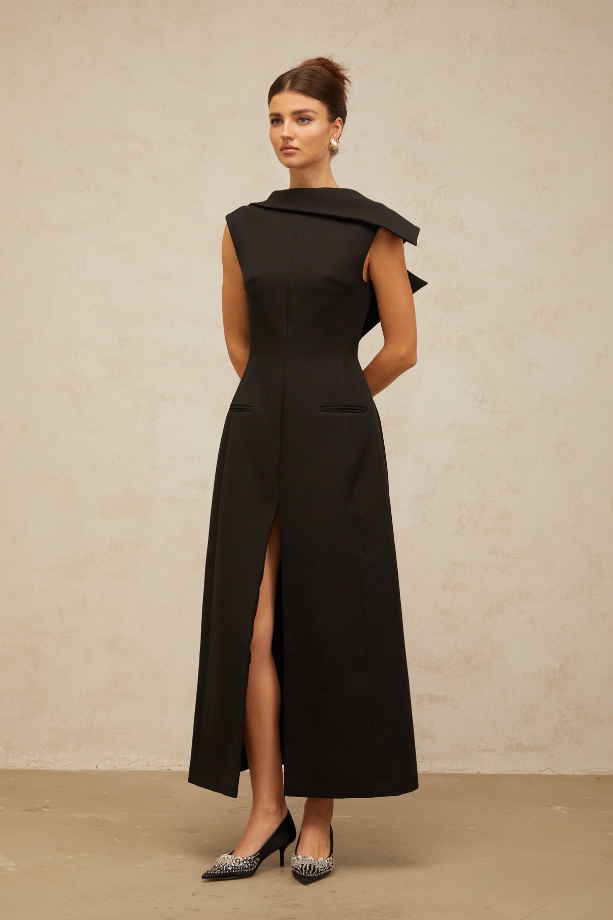 Aurohaya Léonore black deconstructed open-back midi dress