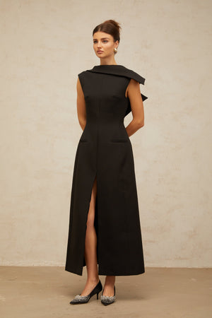 Aurohaya Léonore black deconstructed open-back midi dress