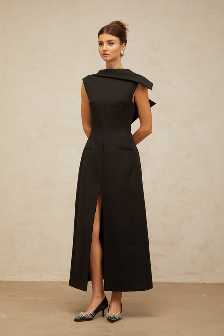 Aurohaya Léonore black deconstructed open-back midi dress