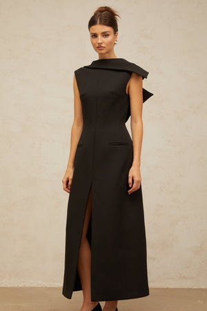 Aurohaya Léonore black deconstructed open-back midi dress