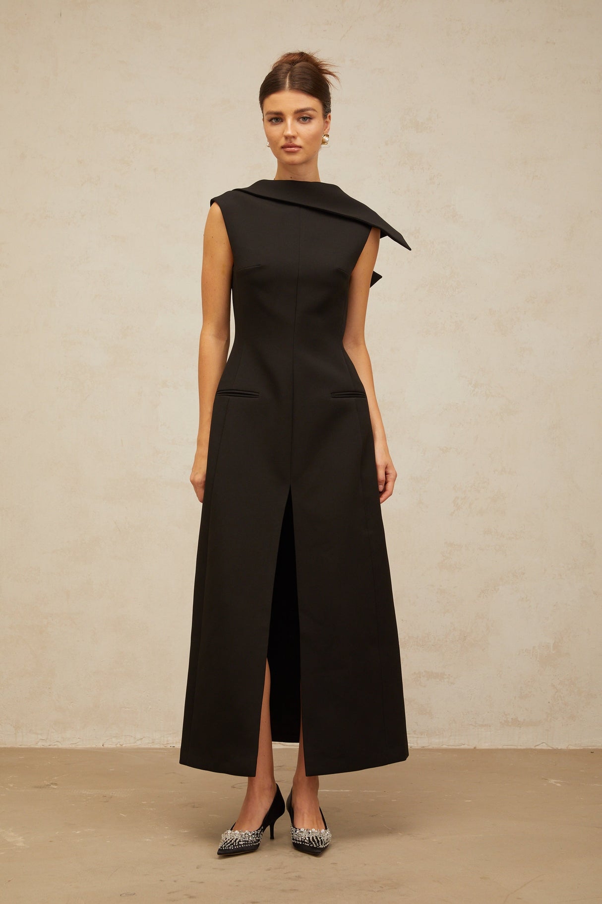 Aurohaya Léonore black deconstructed open-back midi dress