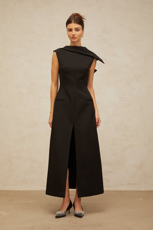 Aurohaya Léonore black deconstructed open-back midi dress