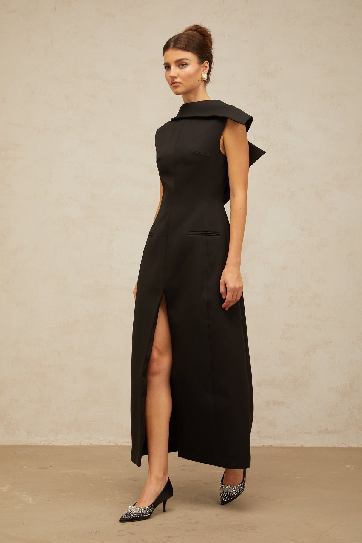 Aurohaya Léonore black deconstructed open-back midi dress