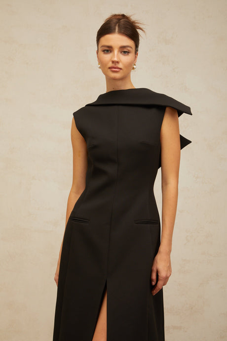 Aurohaya Léonore black deconstructed open-back midi dress