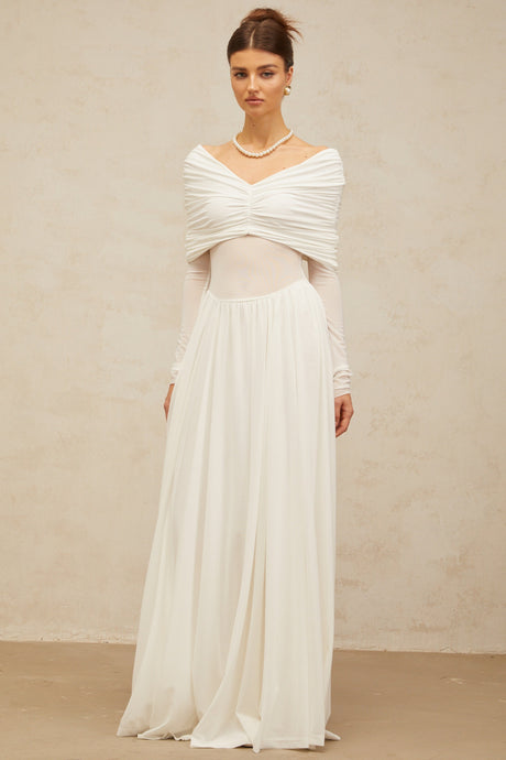 Aurohaya Vérane White Draped-detail Ruched Maxi Dress