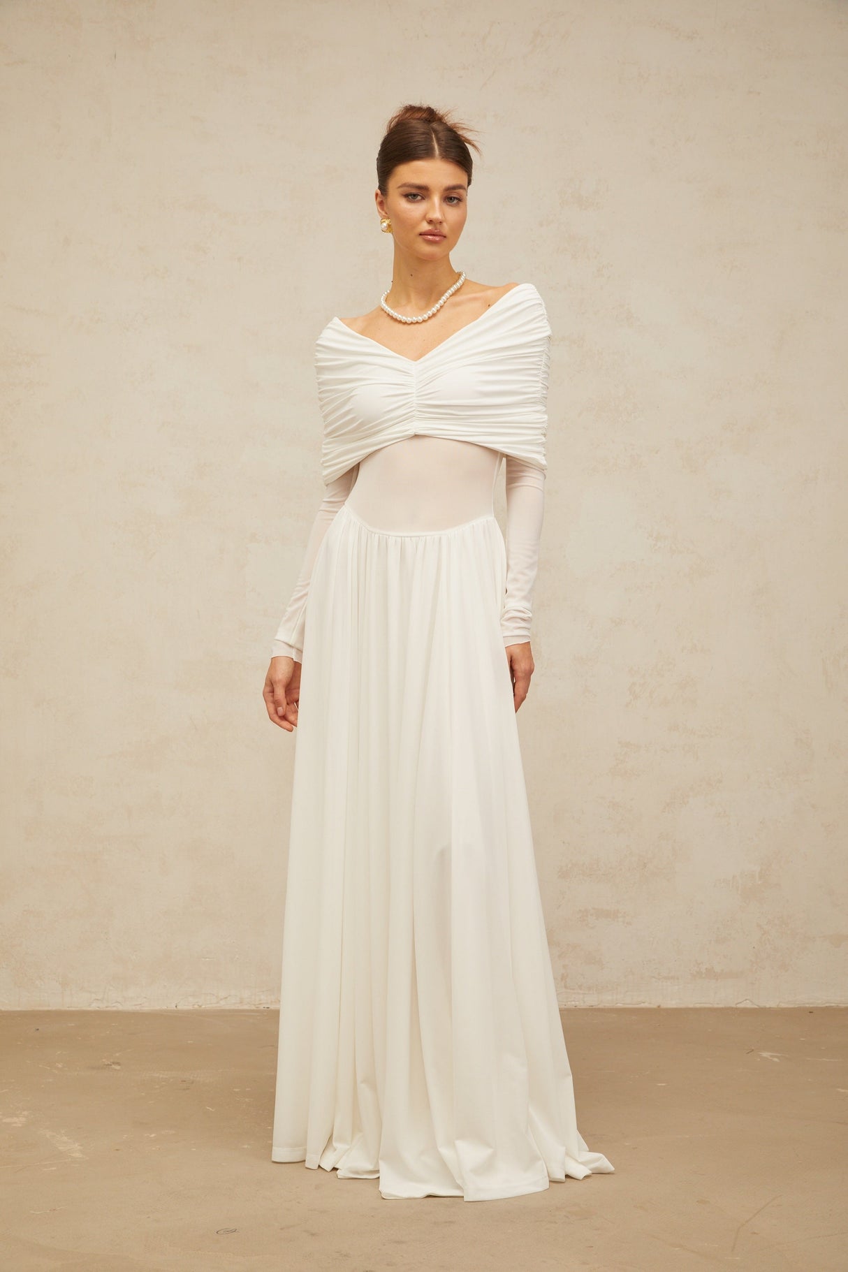 Aurohaya Vérane White Draped-detail Ruched Maxi Dress