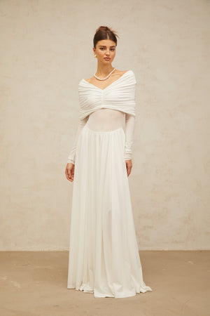 Aurohaya Vérane White Draped-detail Ruched Maxi Dress