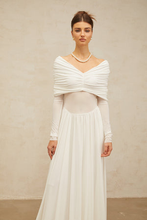Aurohaya Vérane White Draped-detail Ruched Maxi Dress