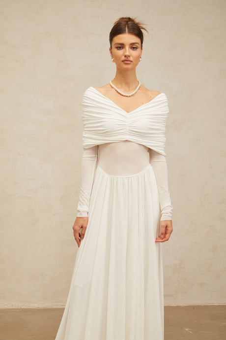 Aurohaya Vérane White Draped-detail Ruched Maxi Dress