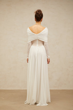 Aurohaya Vérane White Draped-detail Ruched Maxi Dress