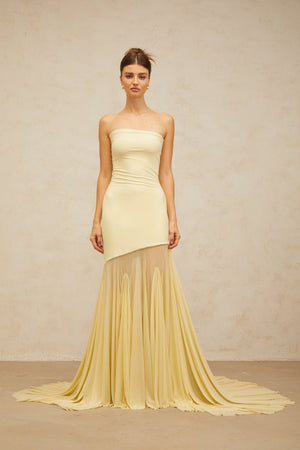 Aurohaya Josiane yellow off-shoulder sheer tulle maxi dress