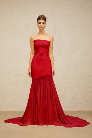 Aurohaya Josiane red off-shoulder sheer tulle maxi dress