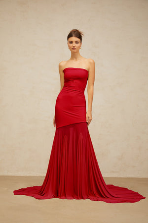 Aurohaya Josiane red off-shoulder sheer tulle maxi dress