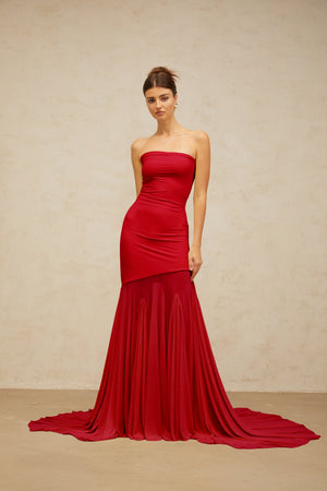 Aurohaya Josiane red off-shoulder sheer tulle maxi dress