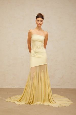 Aurohaya Josiane yellow off-shoulder sheer tulle maxi dress
