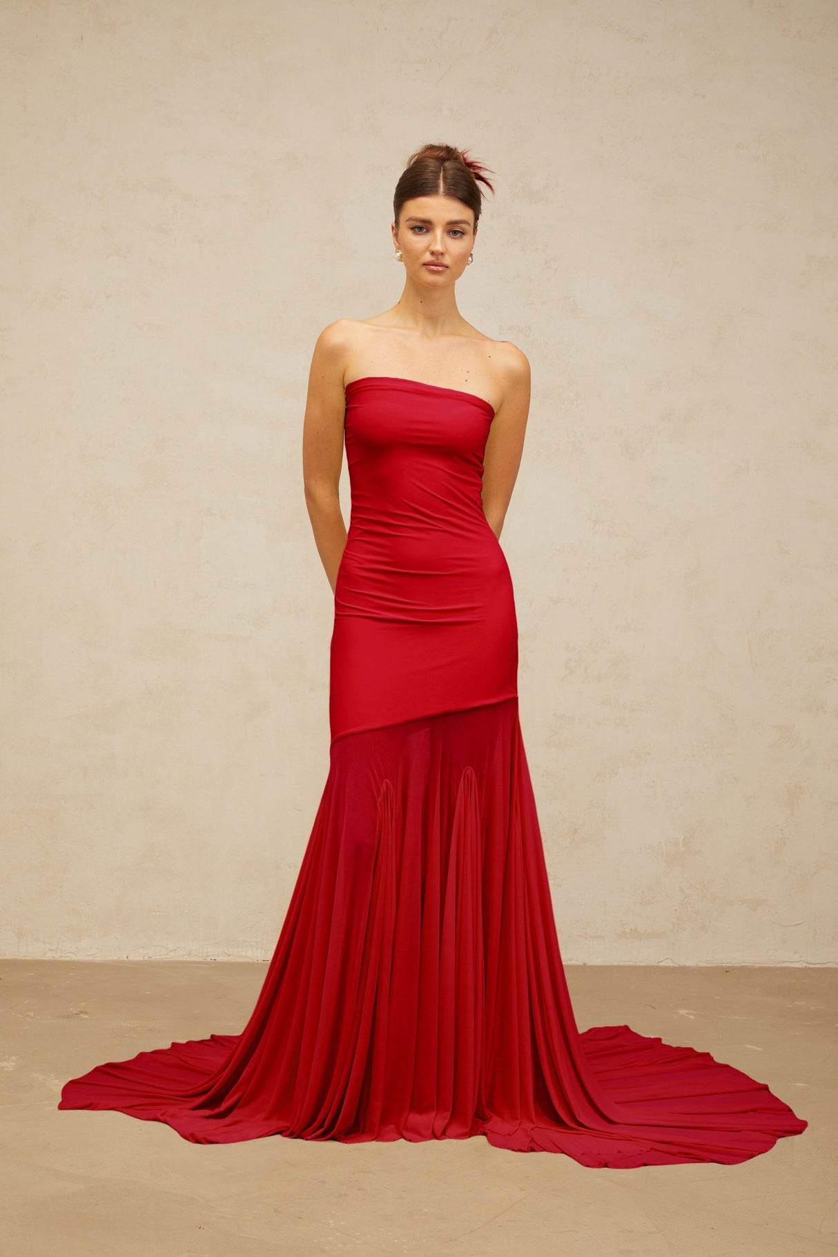 Aurohaya Josiane red off-shoulder sheer tulle maxi dress