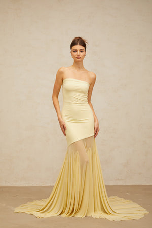 Aurohaya Josiane yellow off-shoulder sheer tulle maxi dress