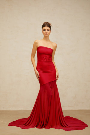 Aurohaya Josiane red off-shoulder sheer tulle maxi dress