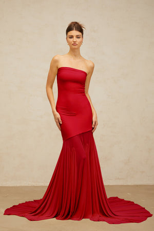 Aurohaya Josiane red off-shoulder sheer tulle maxi dress