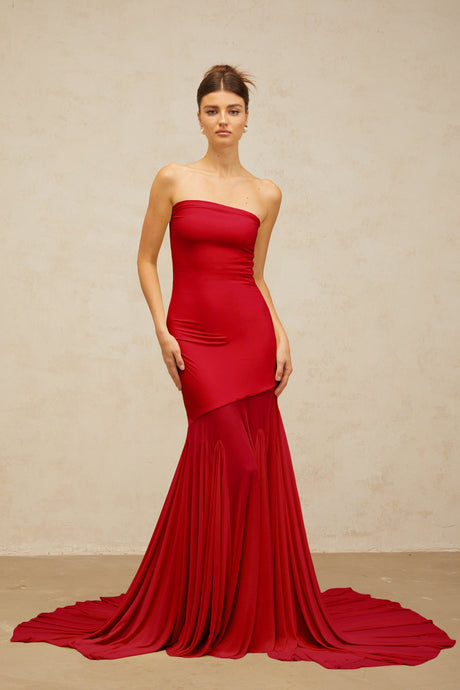 Aurohaya Josiane red off-shoulder sheer tulle maxi dress