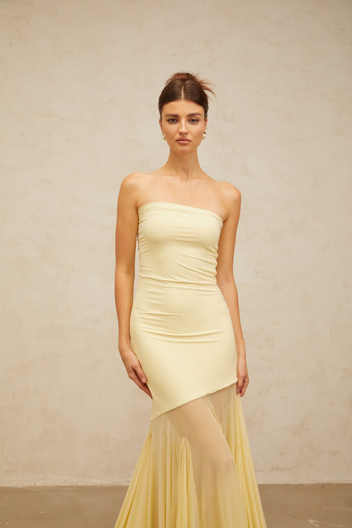 Aurohaya Josiane yellow off-shoulder sheer tulle maxi dress