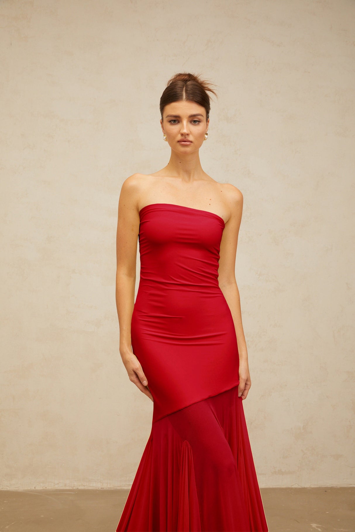 Aurohaya Josiane red off-shoulder sheer tulle maxi dress