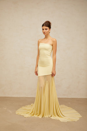 Aurohaya Josiane yellow off-shoulder sheer tulle maxi dress