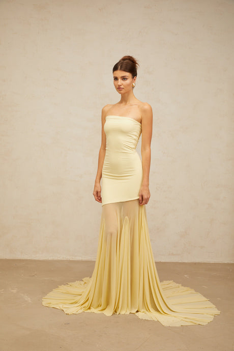 Aurohaya Josiane yellow off-shoulder sheer tulle maxi dress