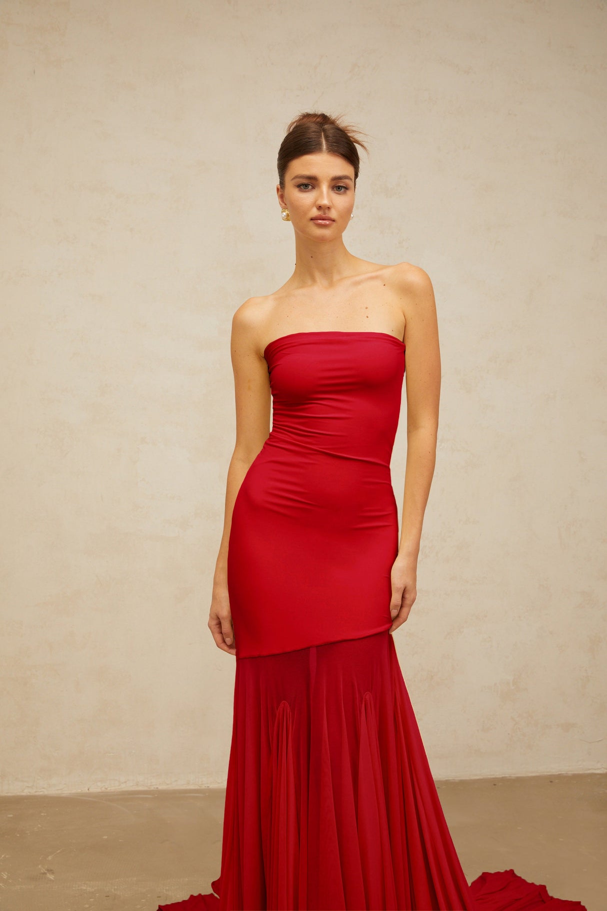 Aurohaya Josiane red off-shoulder sheer tulle maxi dress