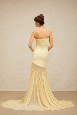 Aurohaya Josiane yellow off-shoulder sheer tulle maxi dress