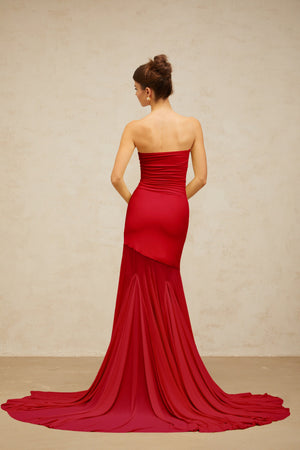 Aurohaya Josiane red off-shoulder sheer tulle maxi dress