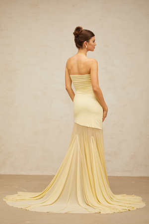 Aurohaya Josiane yellow off-shoulder sheer tulle maxi dress