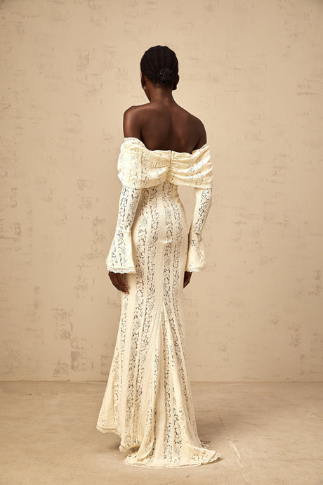 Aurohaya Émeline floral lace train-design maxi dress in Neutrals