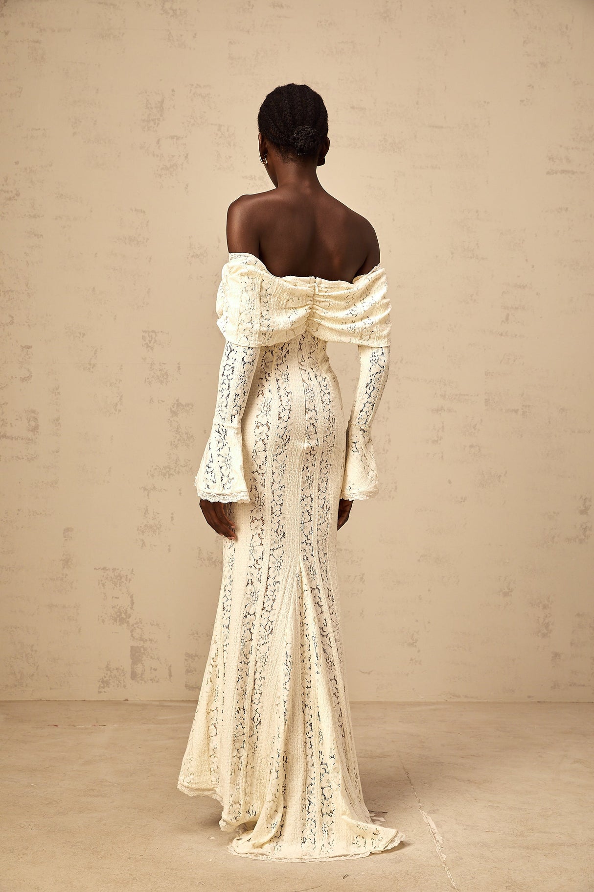 Aurohaya Émeline floral lace train-design maxi dress in Neutrals