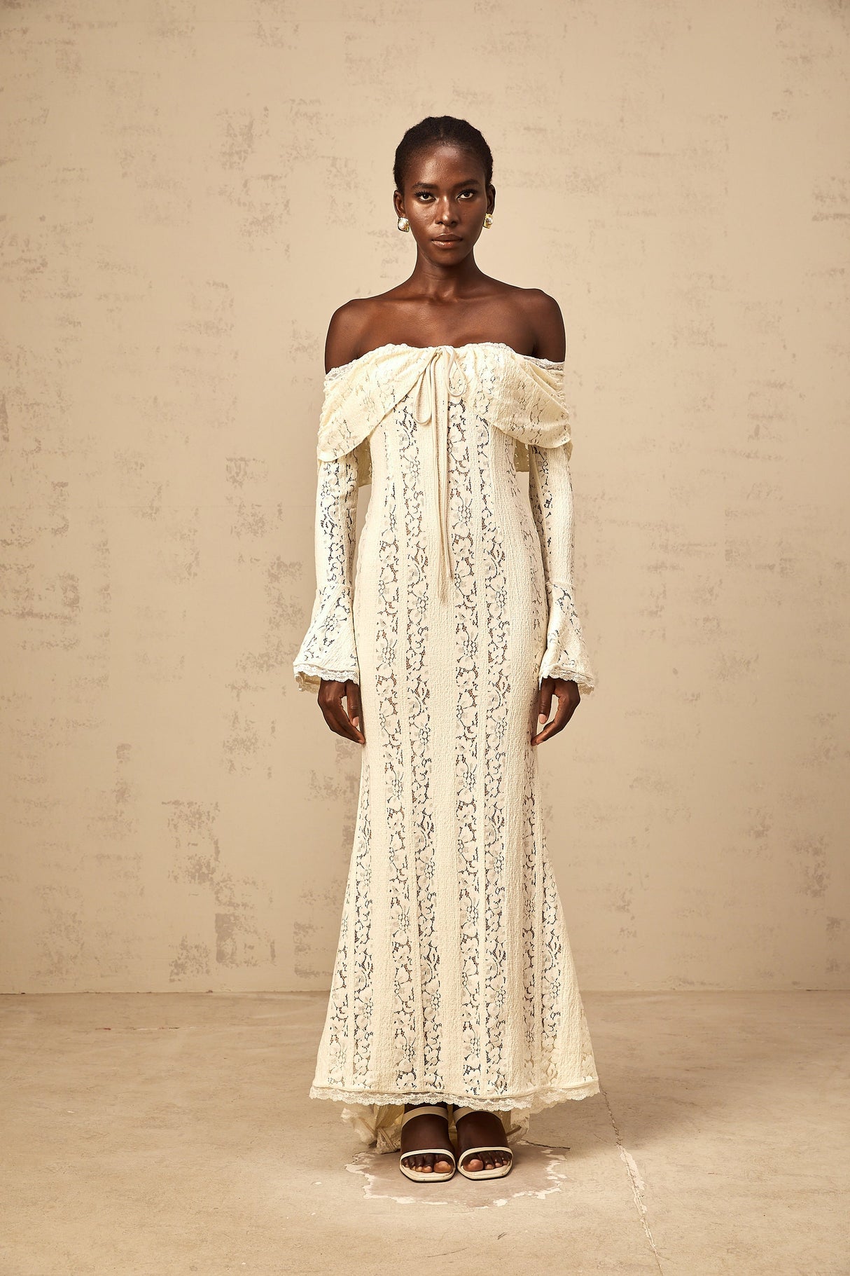 Aurohaya Émeline floral lace train-design maxi dress in Neutrals