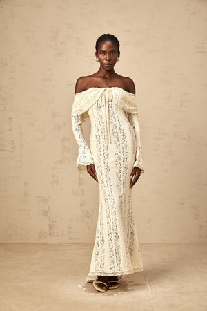 Aurohaya Émeline floral lace train-design maxi dress in Neutrals