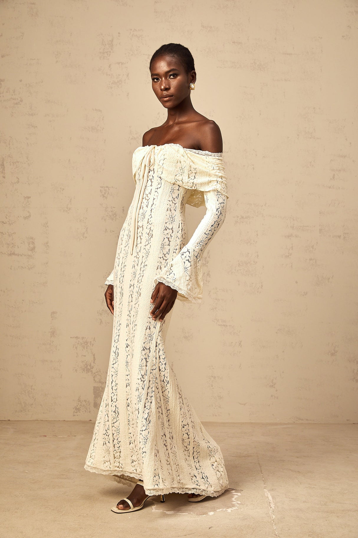 Aurohaya Émeline floral lace train-design maxi dress in Neutrals
