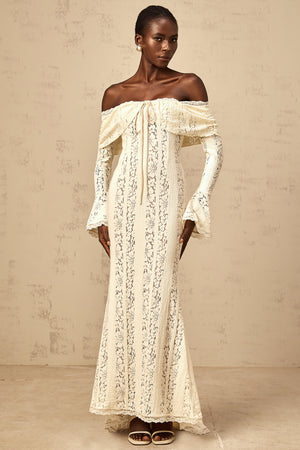 Aurohaya Émeline floral lace train-design maxi dress in Neutrals