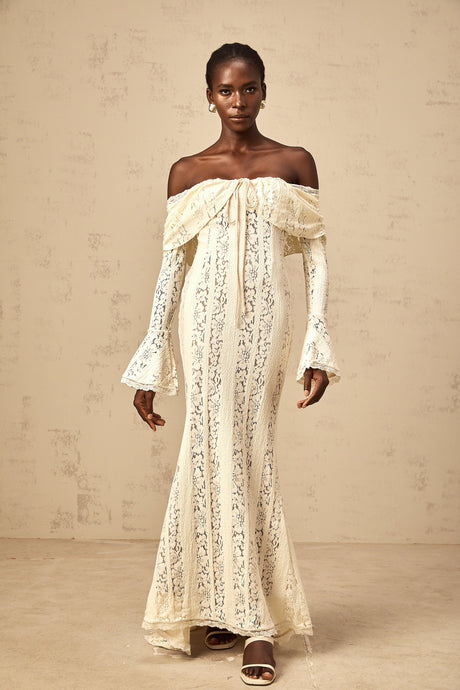 Aurohaya Émeline floral lace train-design maxi dress in Neutrals